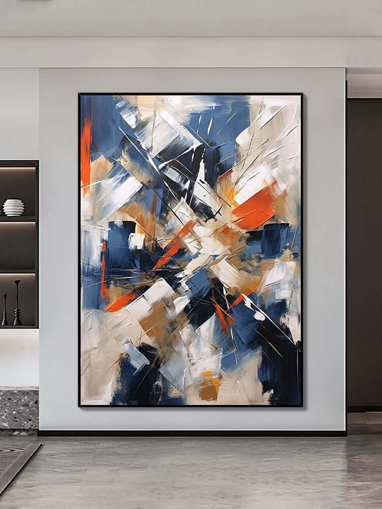 Arte mural con cuchillos de colores azul y naranja