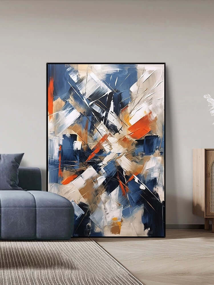 Arte mural con cuchillos de colores azul y naranja