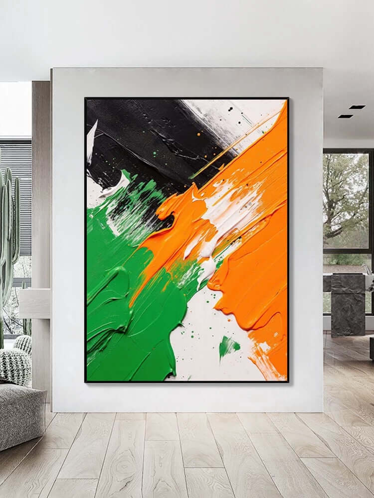 Arte de pared texturizado en negro, blanco, naranja y verde