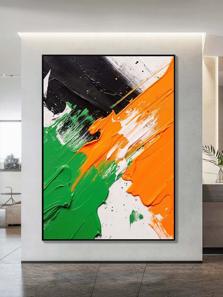 Arte de pared texturizado en negro, blanco, naranja y verde