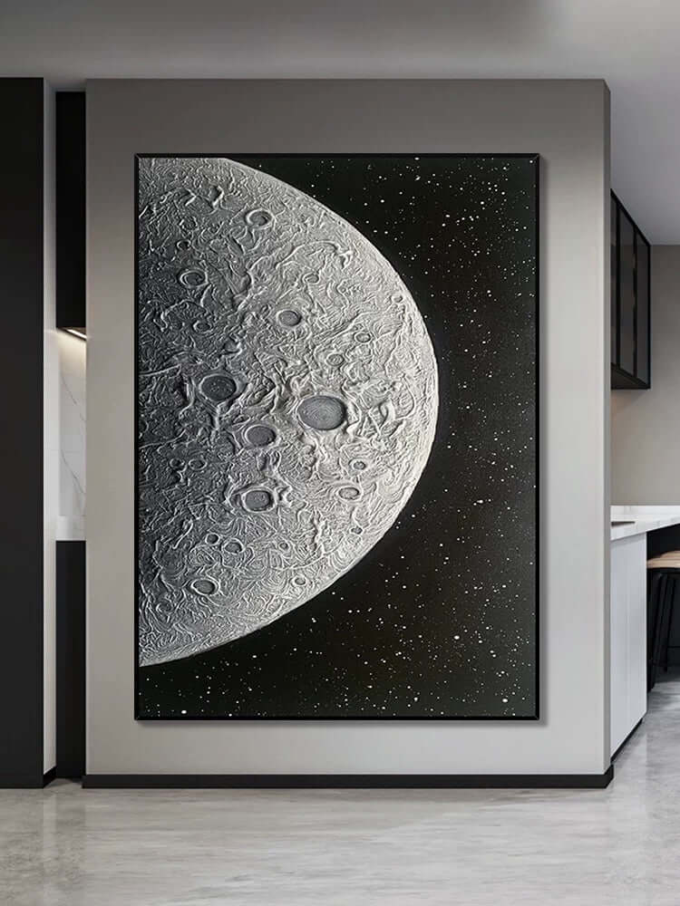 Arte de pared texturizado con luna negra y plateada
