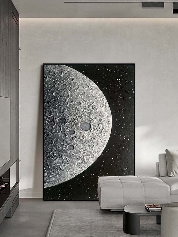 Arte de pared texturizado con luna negra y plateada