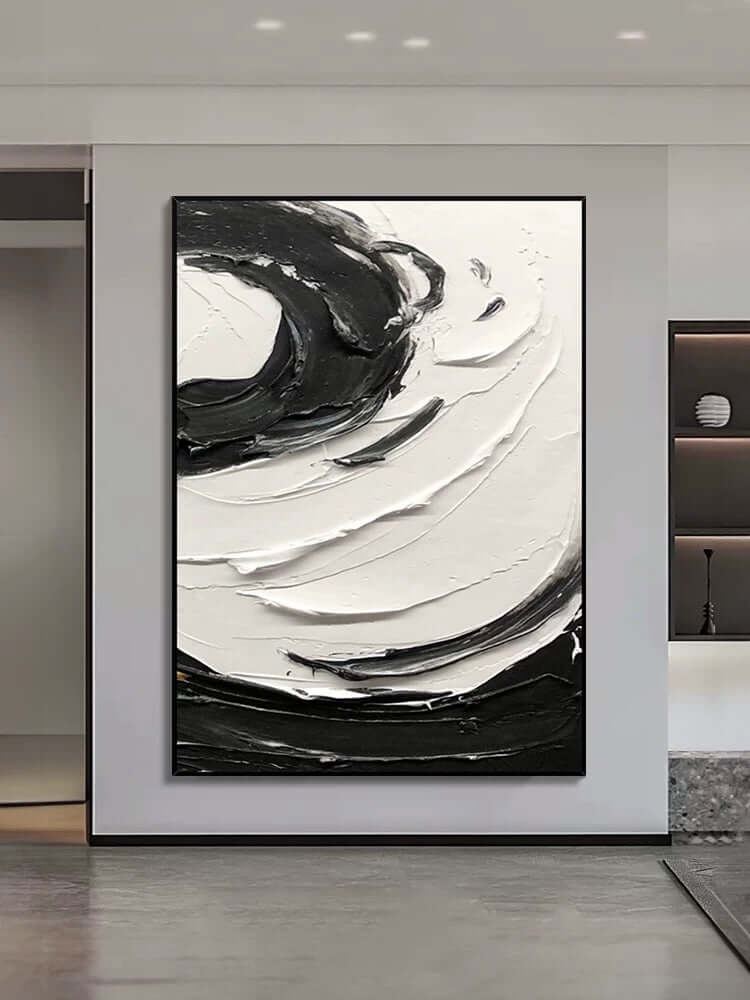 Pintura al óleo texturizada con remolinos en blanco y negro