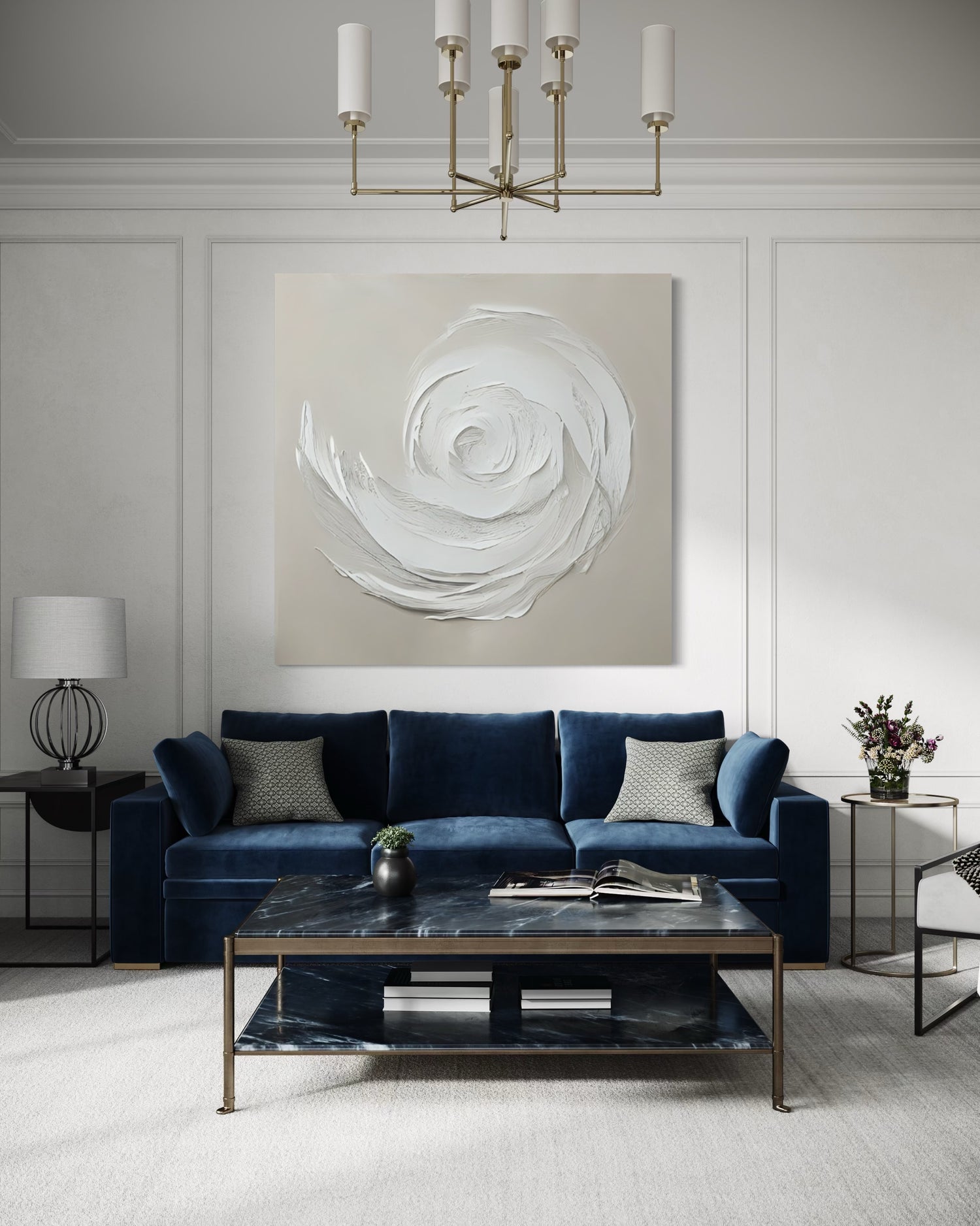 Elegant hand-painted wall art by John Rey U. enhances modern living room decor with neutral colors and sleek furnishings. Dining Room Wall Art