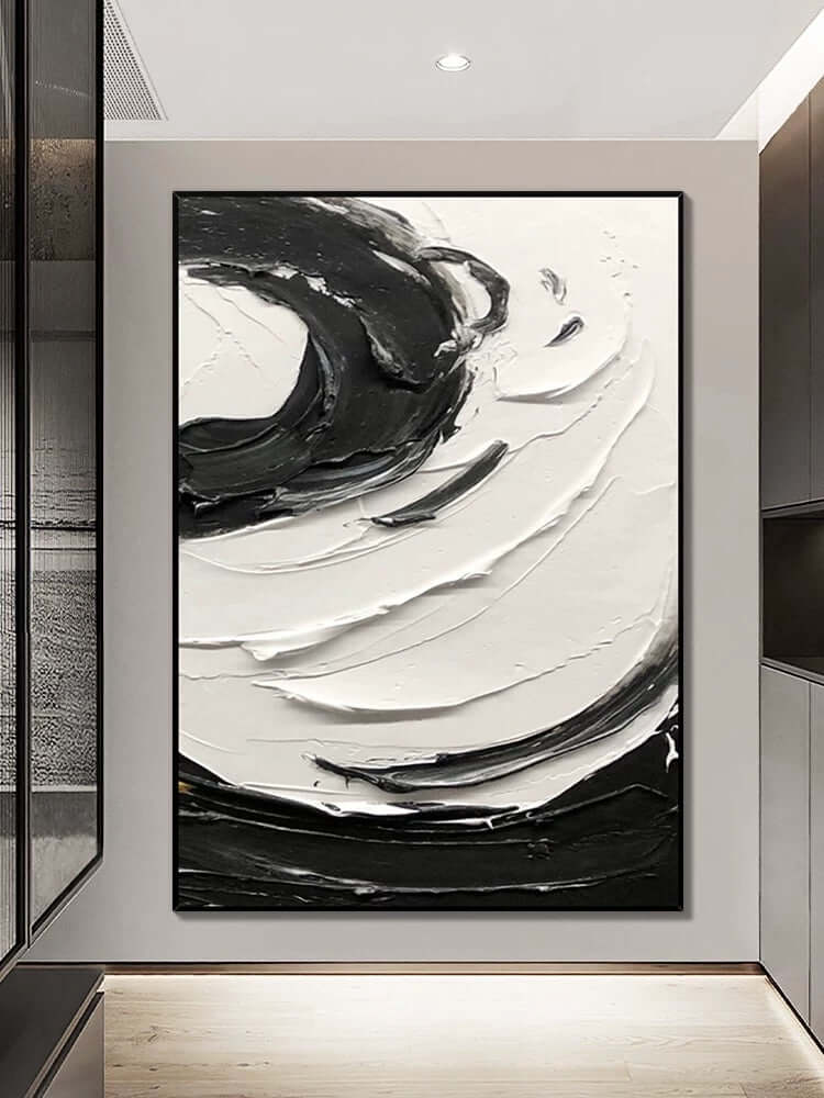 Pintura al óleo texturizada con remolinos en blanco y negro