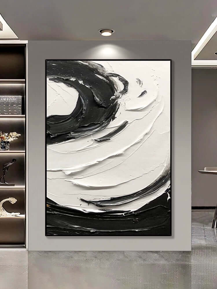 Pintura al óleo texturizada con remolinos en blanco y negro