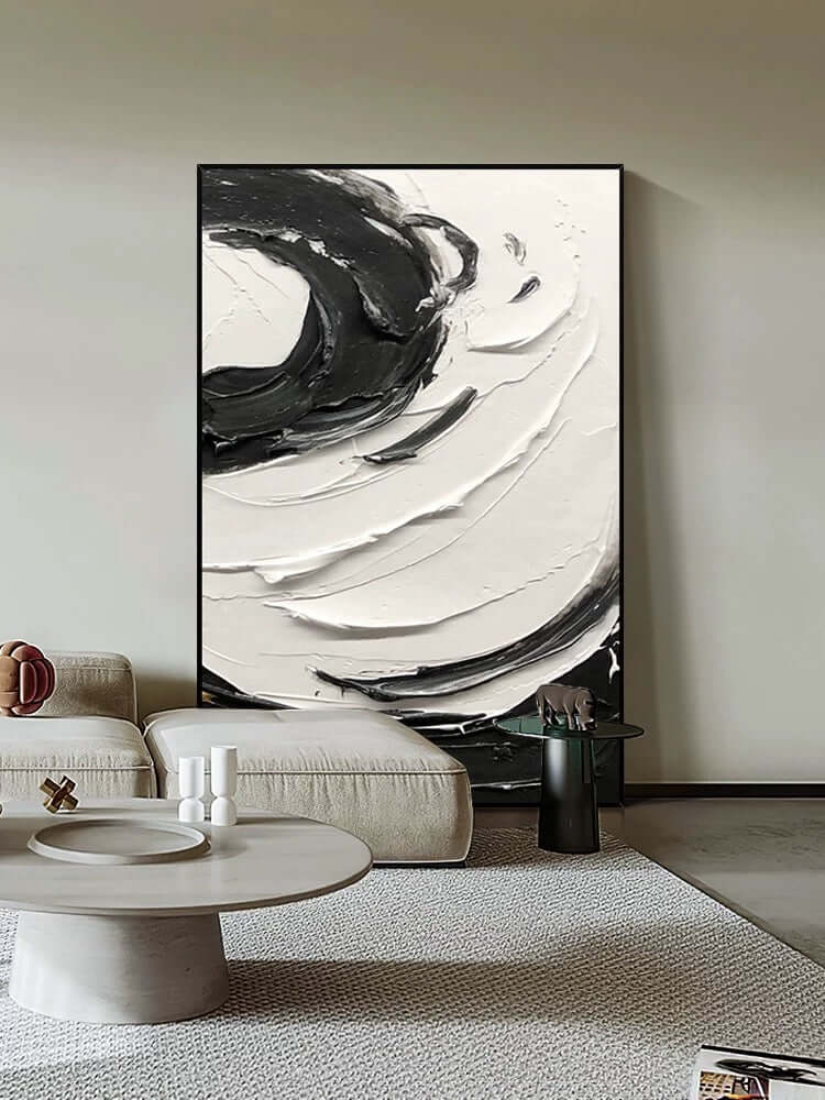 Pintura al óleo texturizada con remolinos en blanco y negro