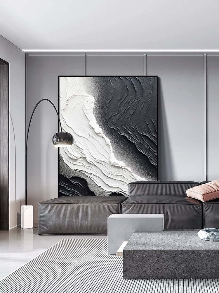 Black and White Seaside Beach Textured Painting - Hand Painting