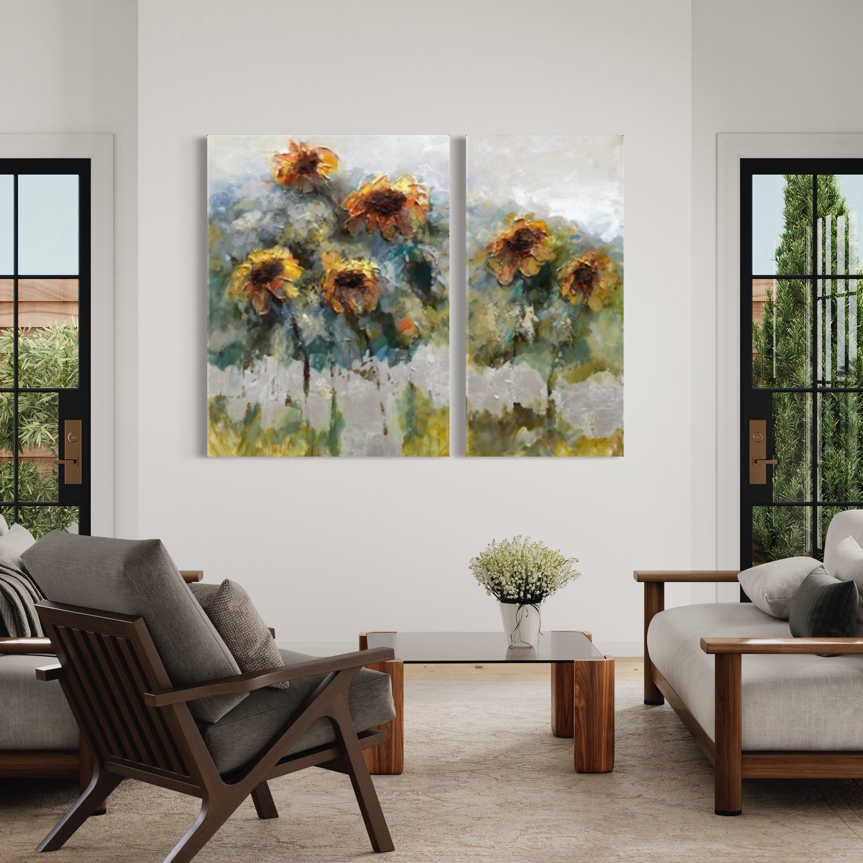 Cuadro de pared de dos paneles con diseño de girasol
