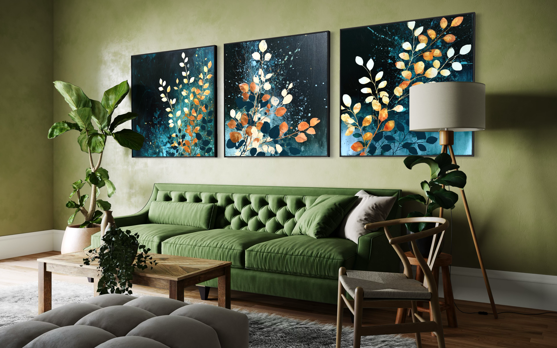 Blue Orange Florals Triptych