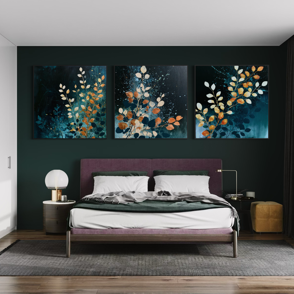 Blue Orange Florals Triptych