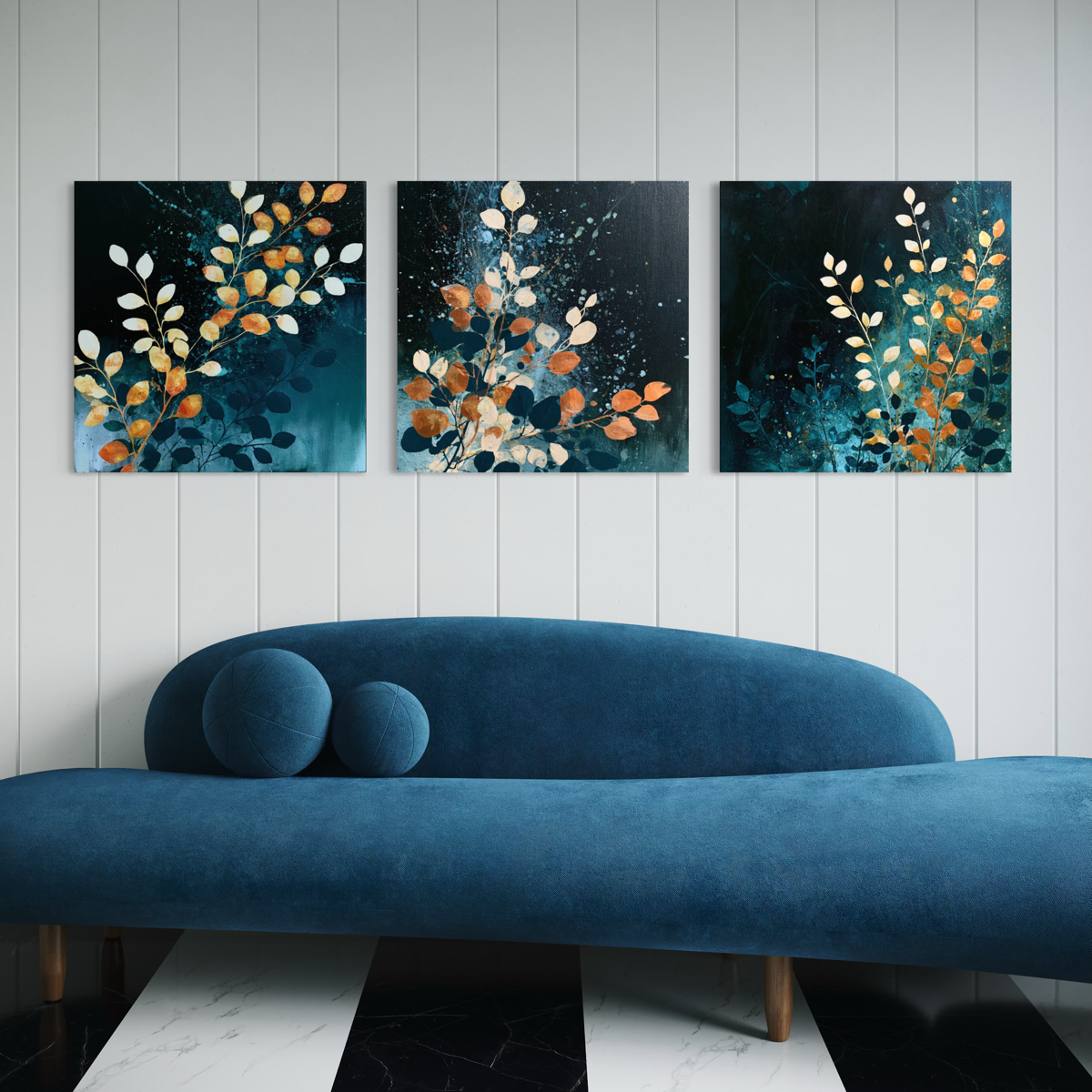 Blue Orange Florals Triptych