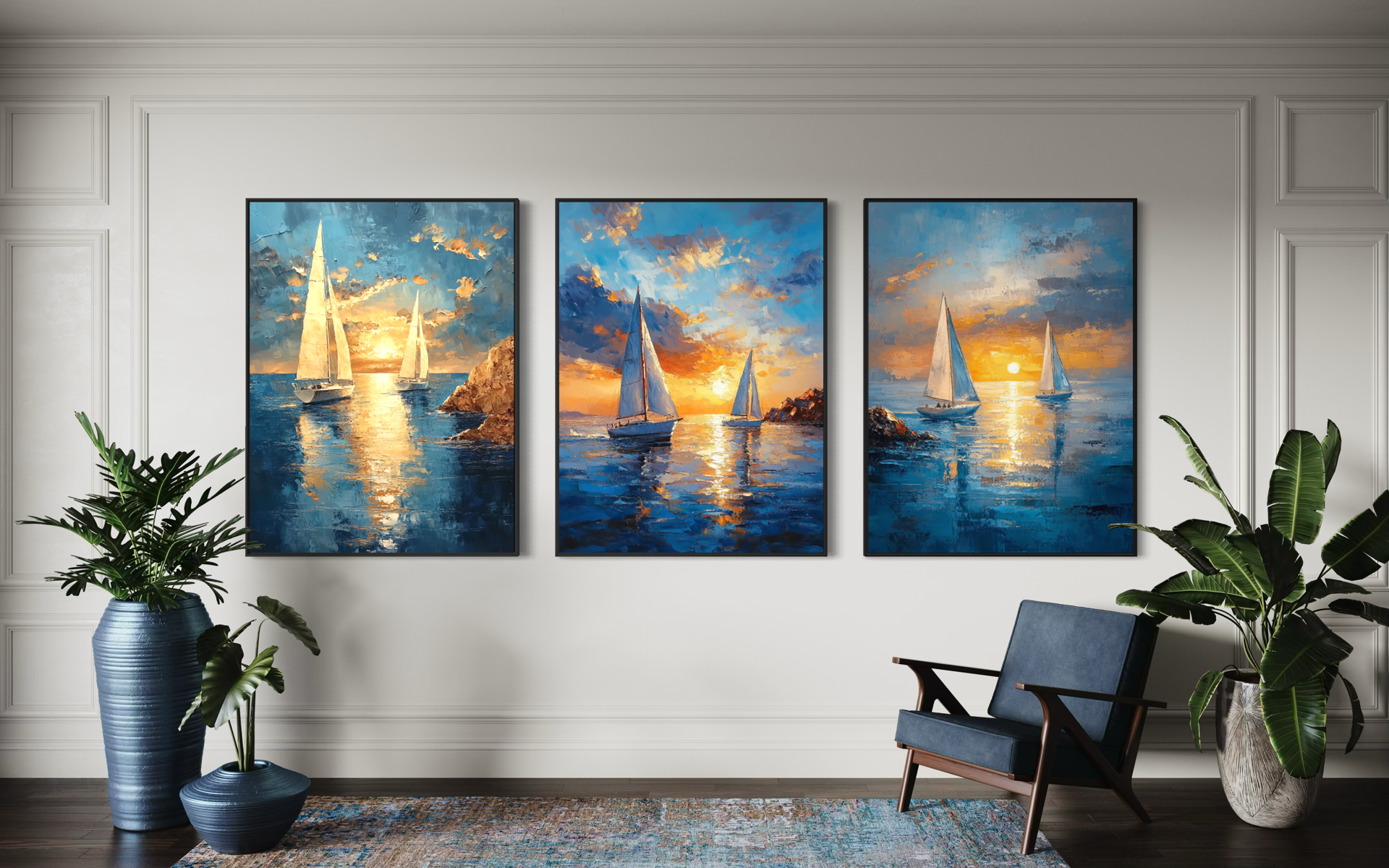 Boats Sunset Triptych