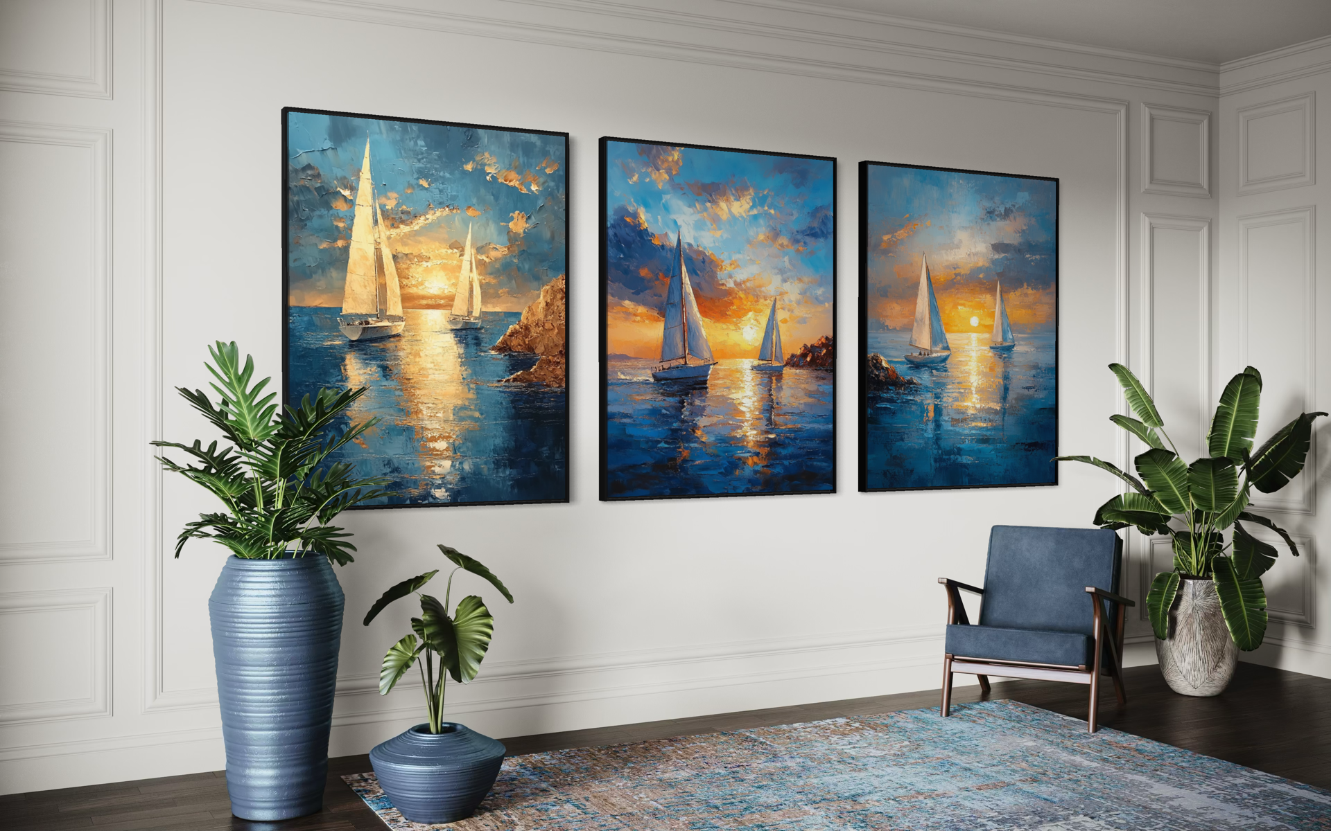 Boats Sunset Triptych