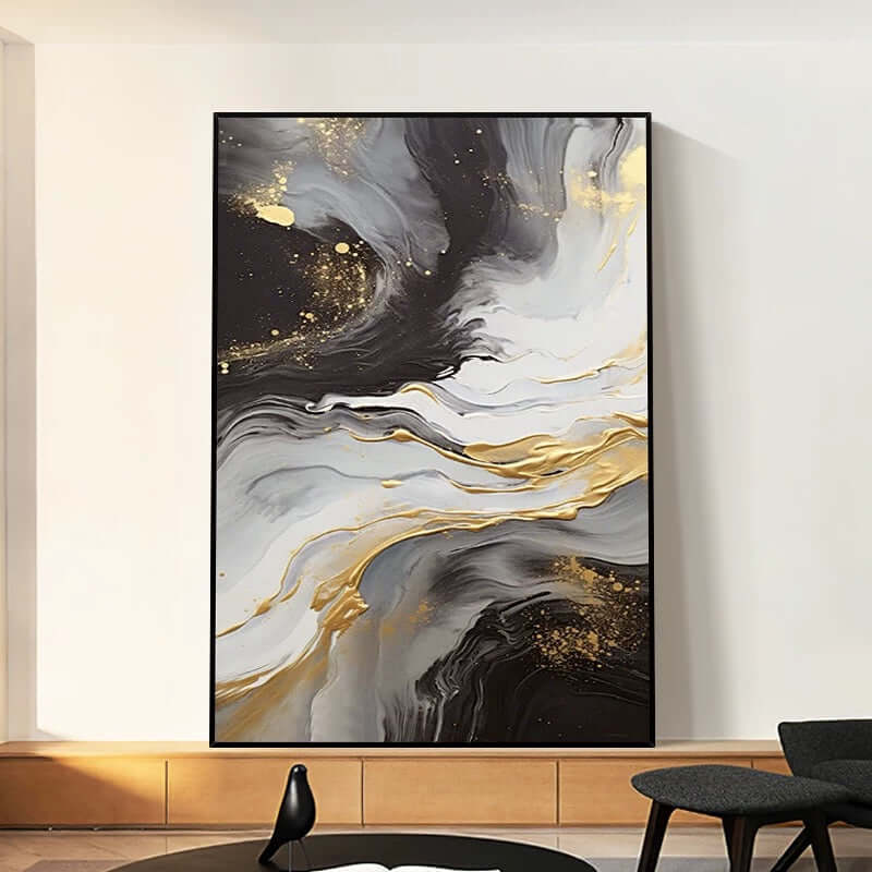 Arte de pared texturizado con flujo dorado en blanco y negro