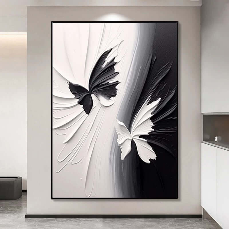 黒と白の蝶の質感の壁アート