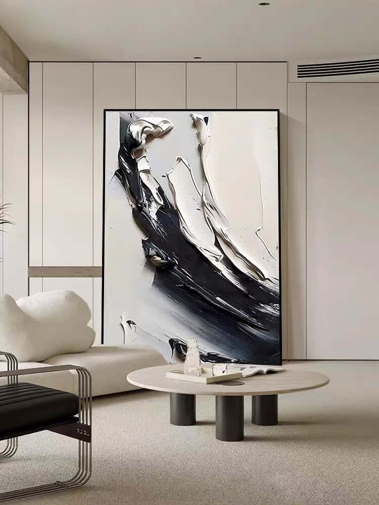 Beauty of Cream Black and White Textured Painting - Hand Painting