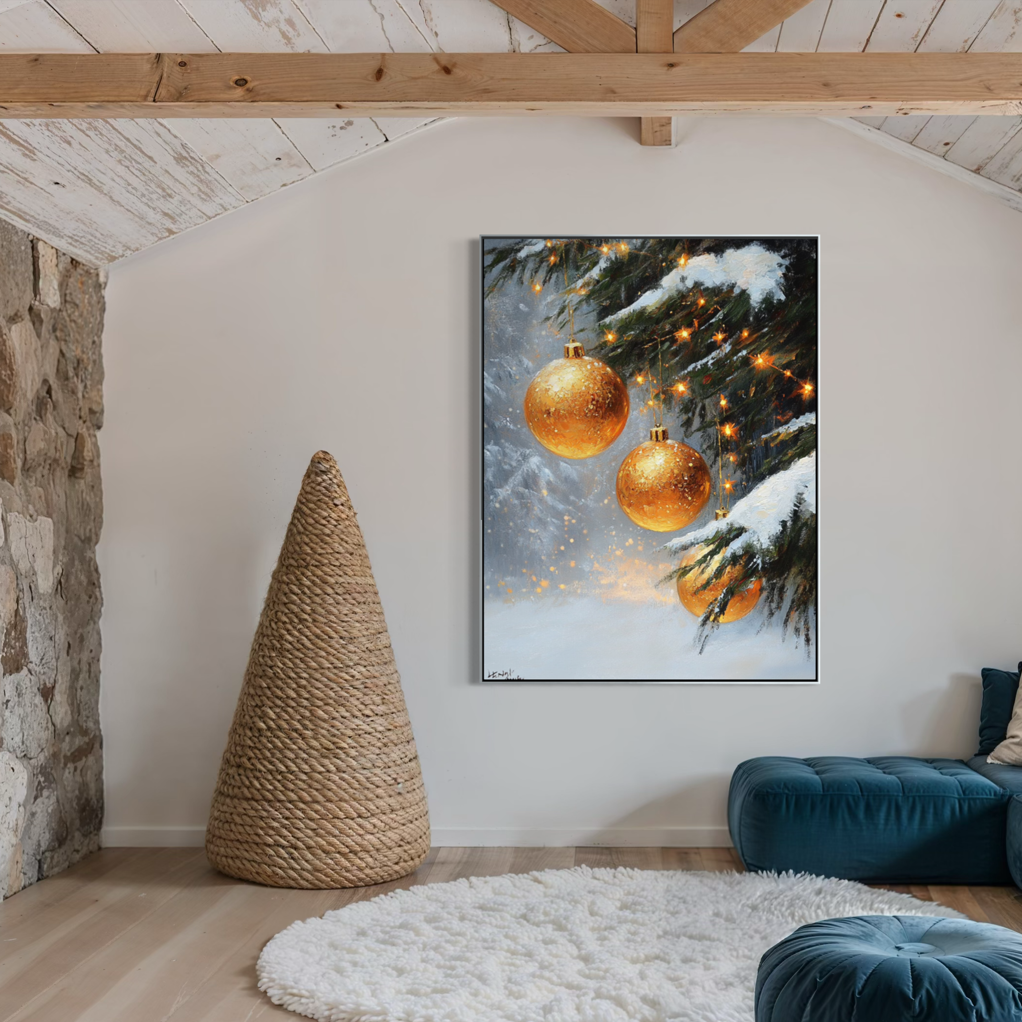 Golden Ornaments in Snow