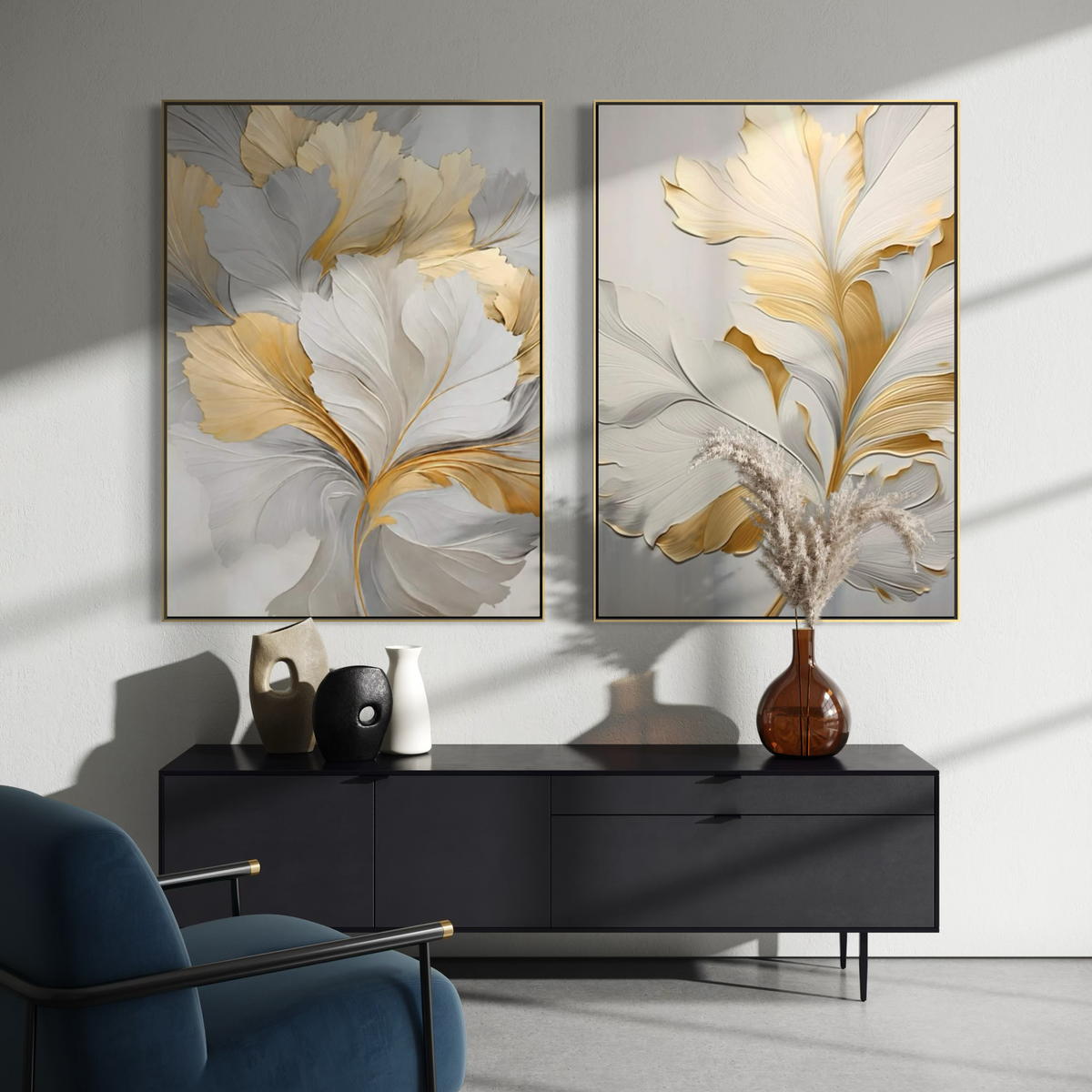 Golden Floral Diptych - Hand Painting