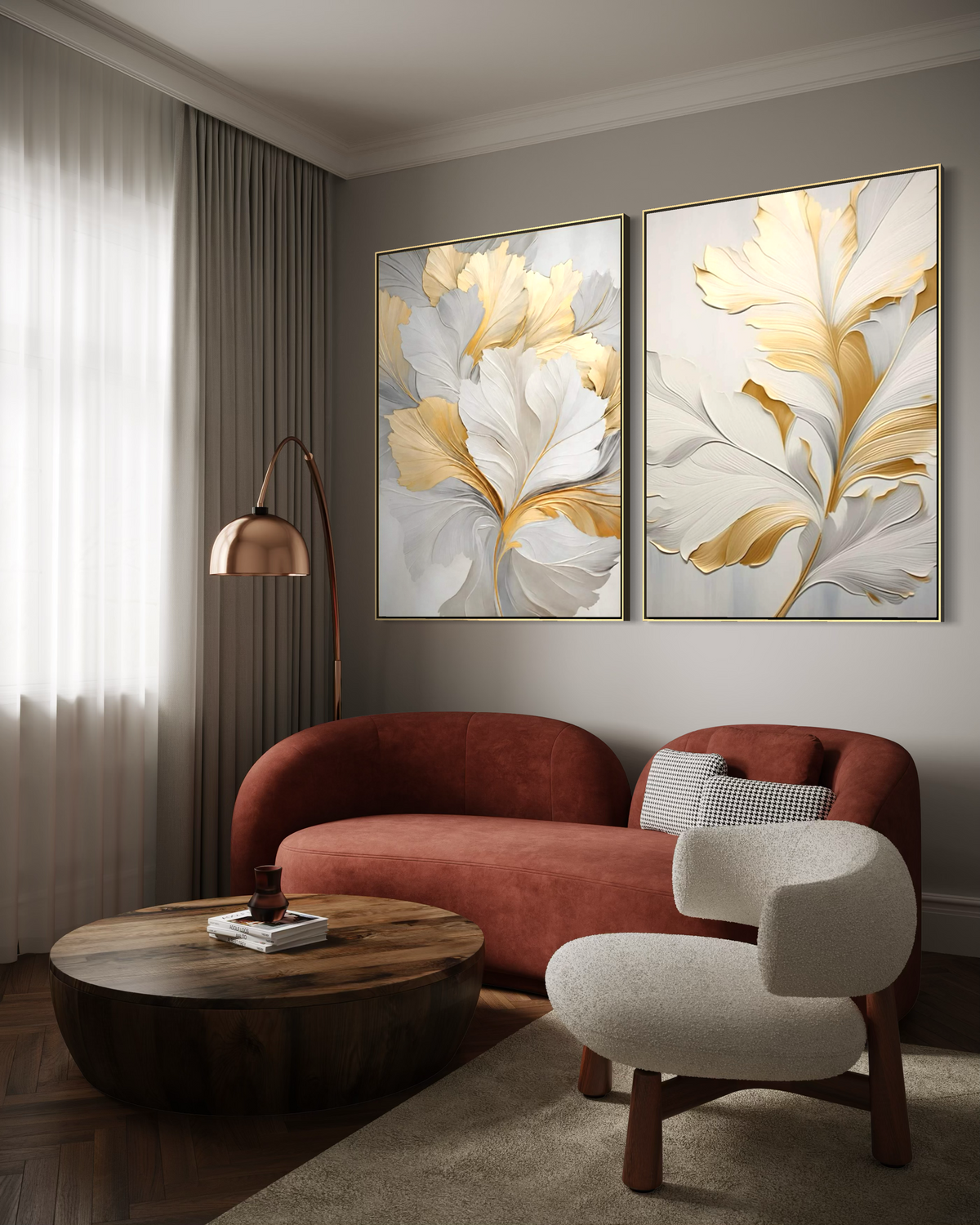 Golden Floral Diptych - Hand Painting