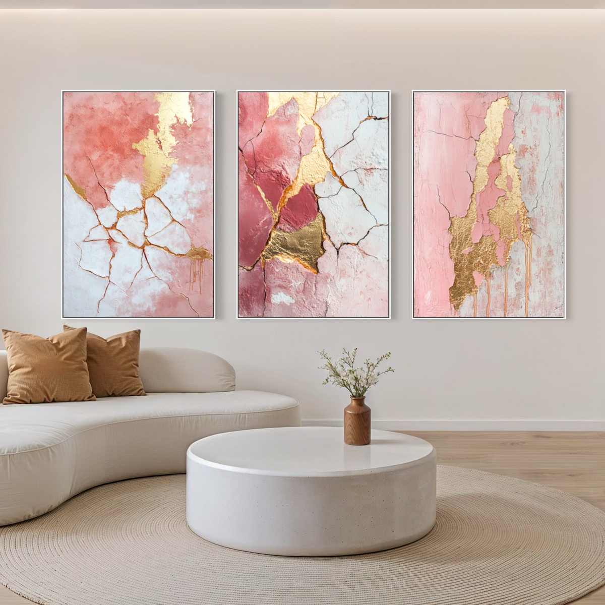 Abstract Pink and Gold Triptych - Hand Painting