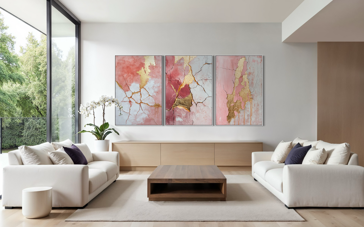 Abstract Pink and Gold Triptych - Hand Painting