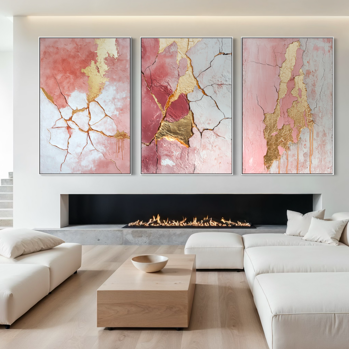 Abstract Pink and Gold Triptych - Hand Painting