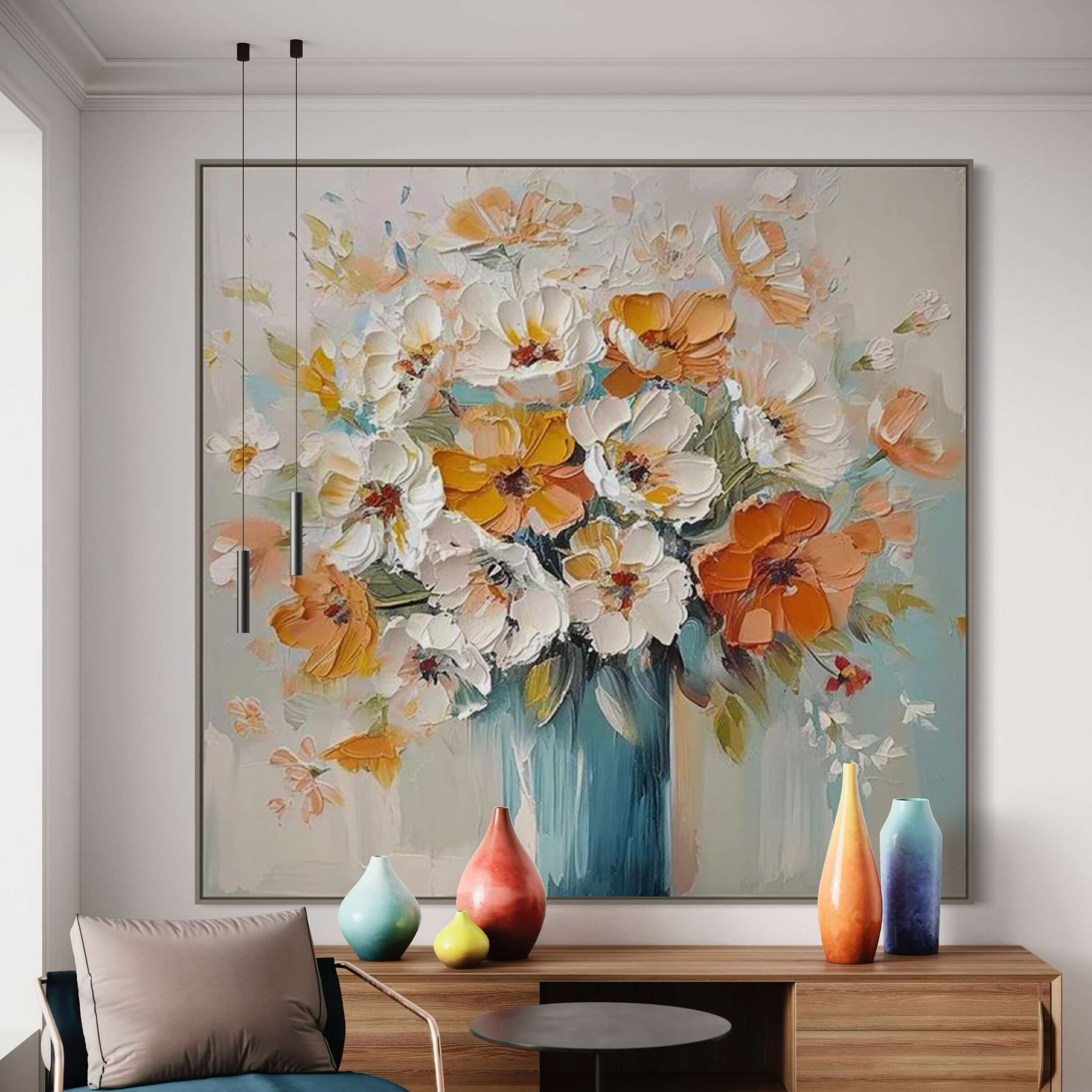 Radiance in Full Bloom artwork by Amy Wu featuring vibrant florals in a stylish living room decor.