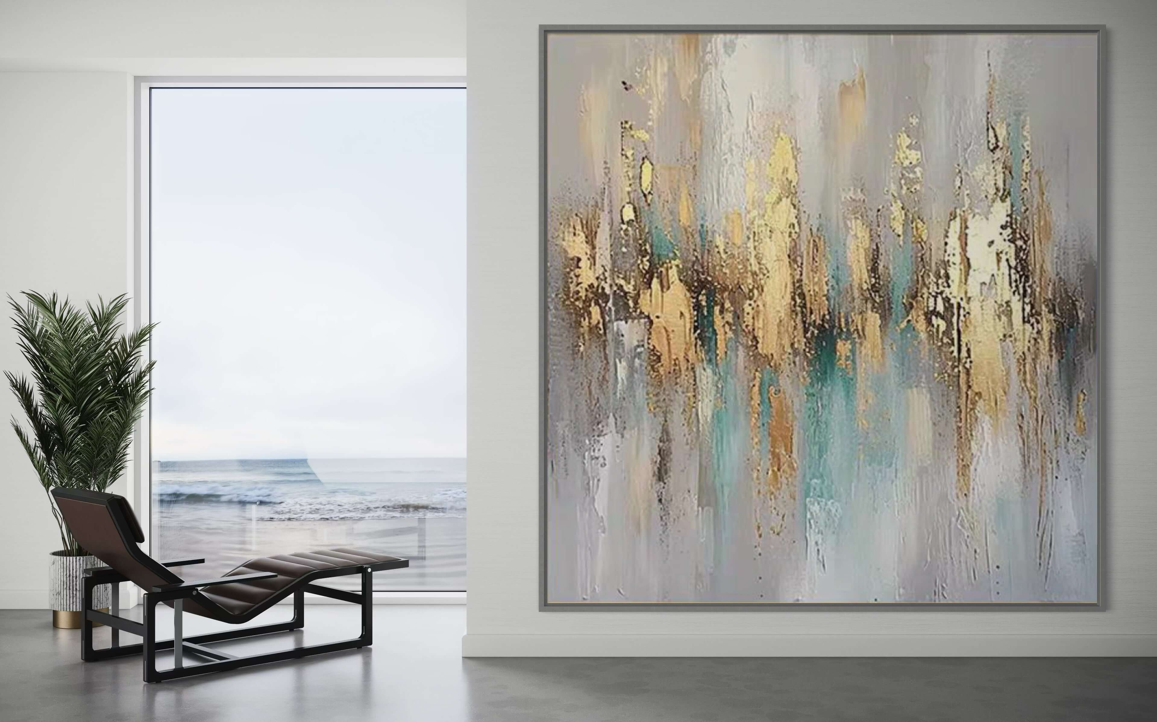Abstract artwork "Golden Hour in Bloom" showcasing warm gold and amber hues in a serene coastal interior.