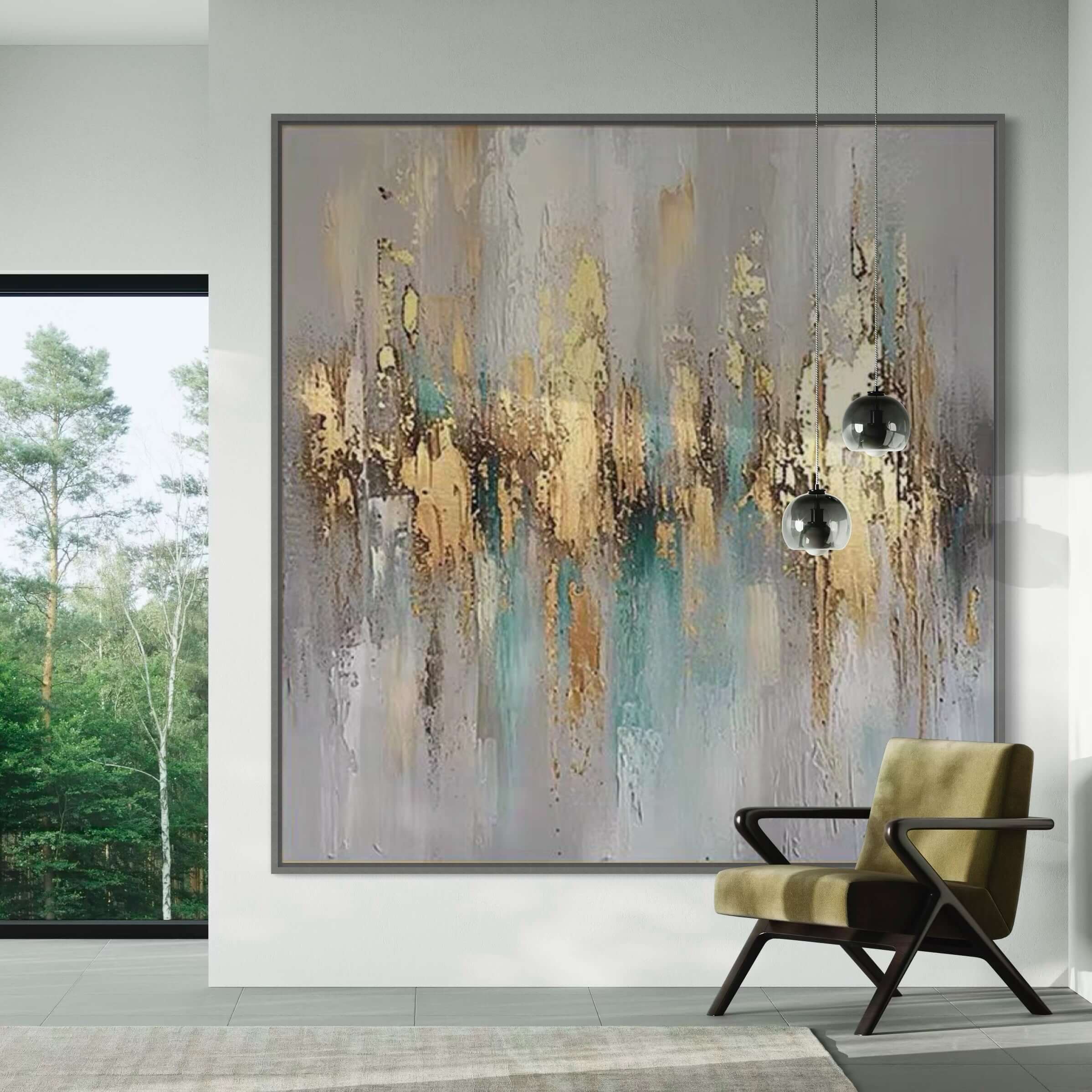 Abstract artwork "Golden Hour in Bloom" featuring warm gold, amber, and teal tones in a modern interior setting.