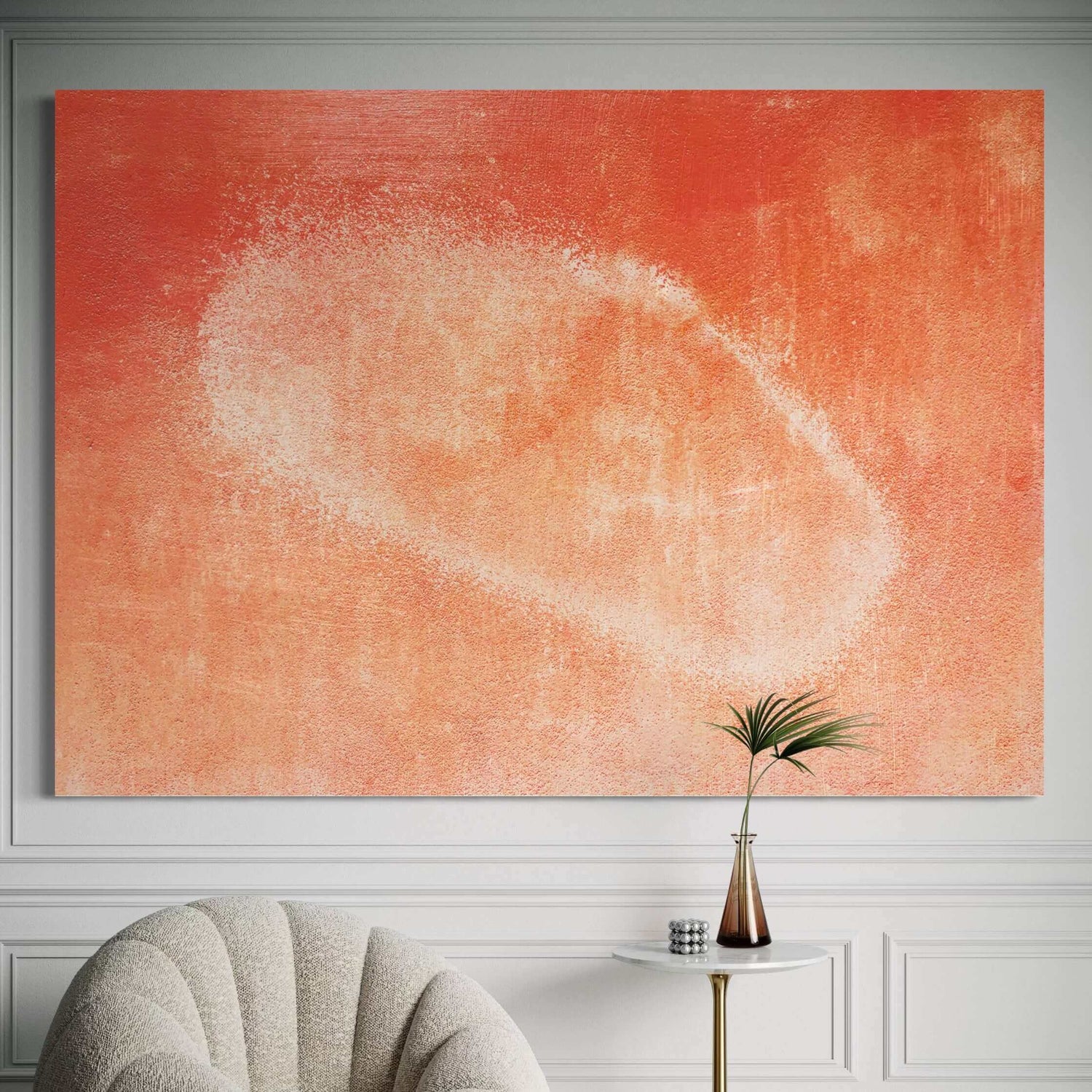Hand-painted orange wall art by Kline Collective, adding warmth and vitality to modern interiors. 階段用ウォールアート