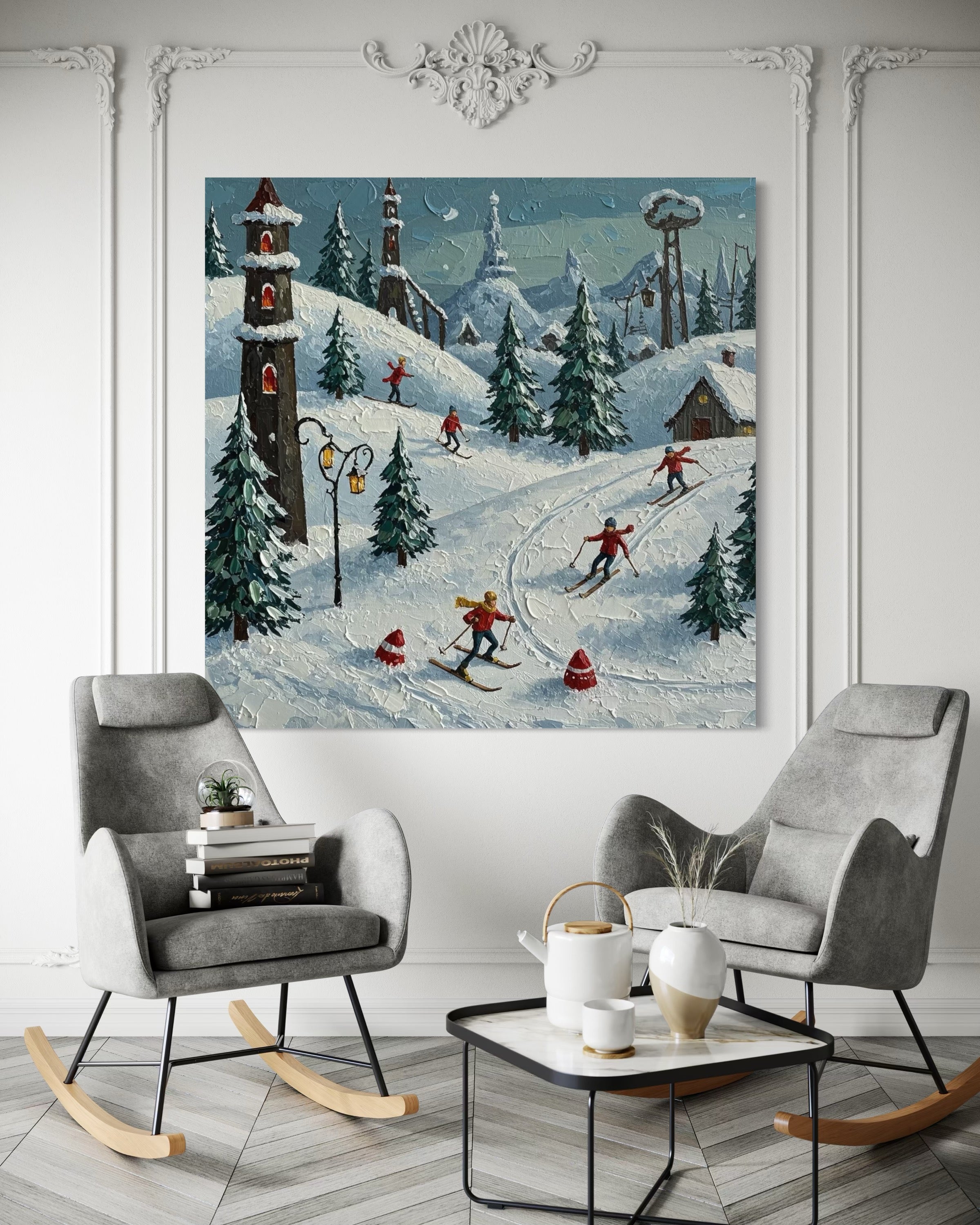 Moonlit Ski Village - Hand Painting