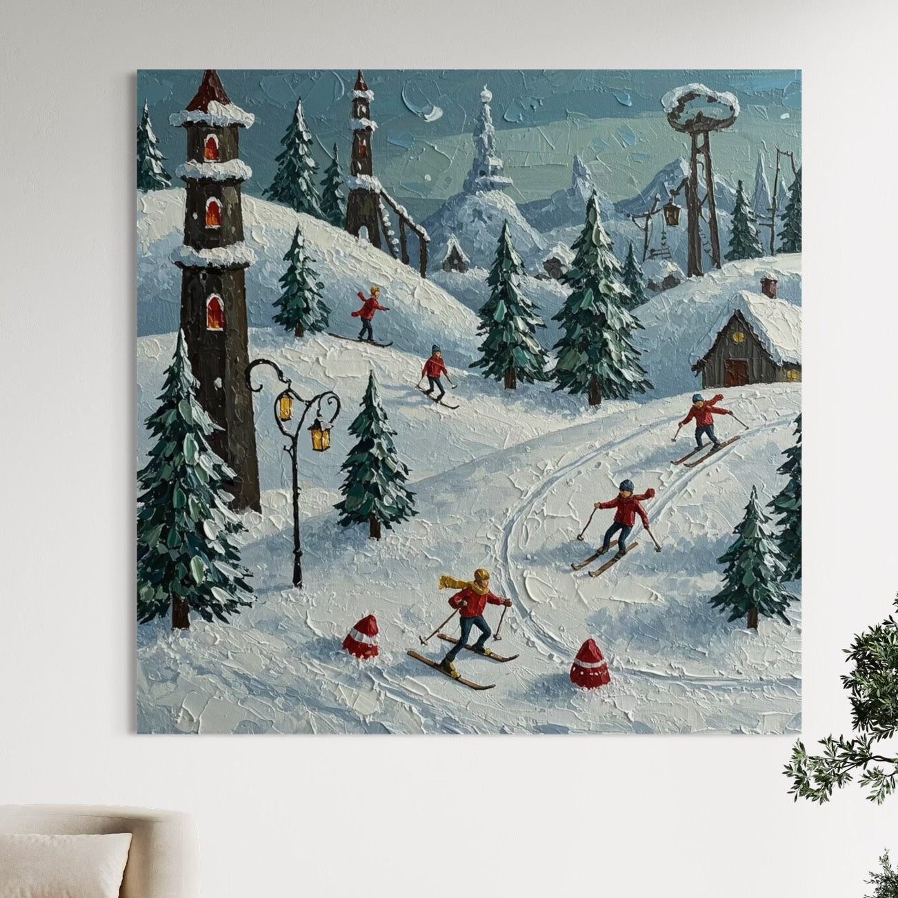 Moonlit Ski Village - Hand Painting