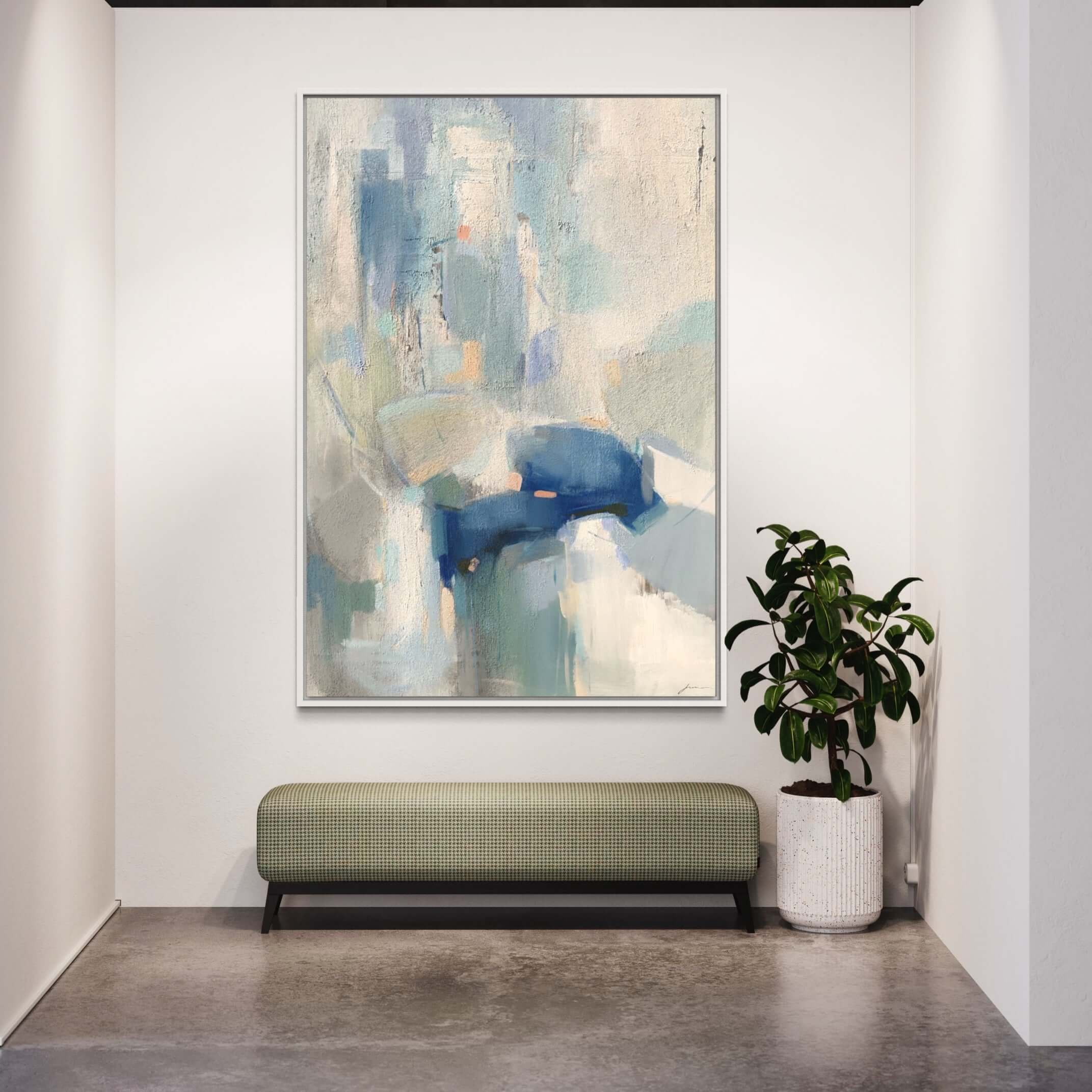 Serenova custom size artwork in serene blue and white tones, enhancing a modern interior space.