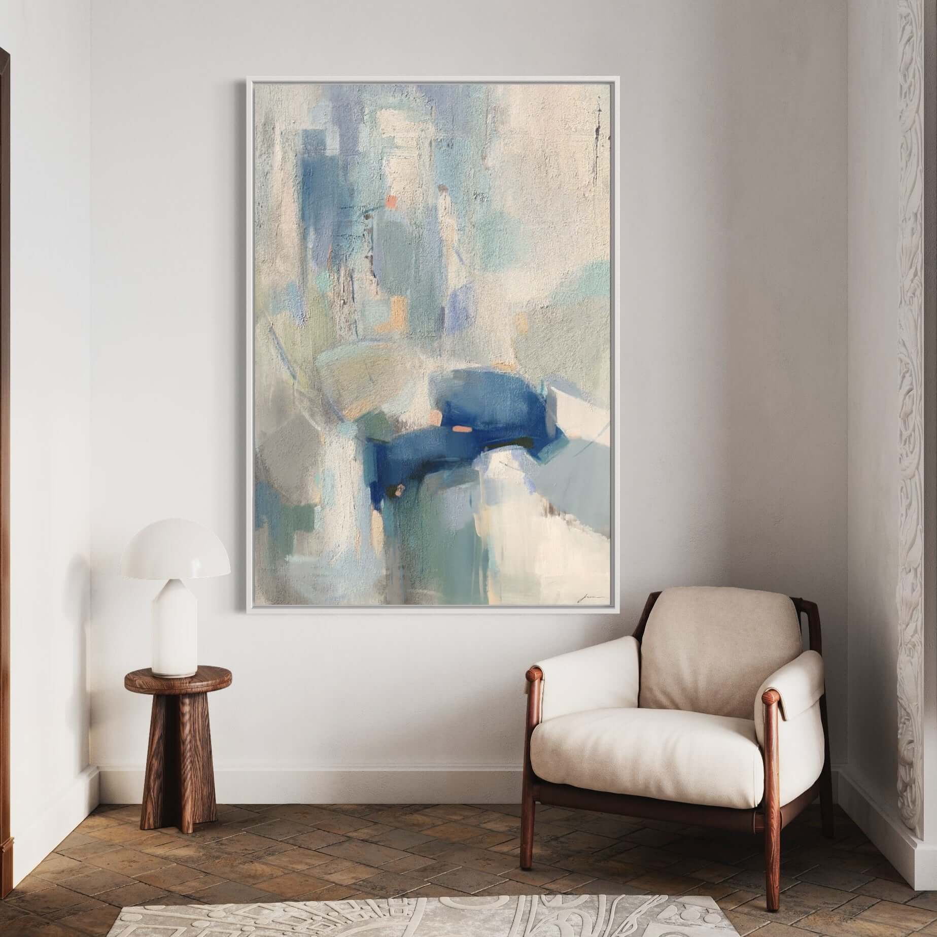 Serenova custom artwork in soft white and blue tones, bringing tranquility to a modern living space.