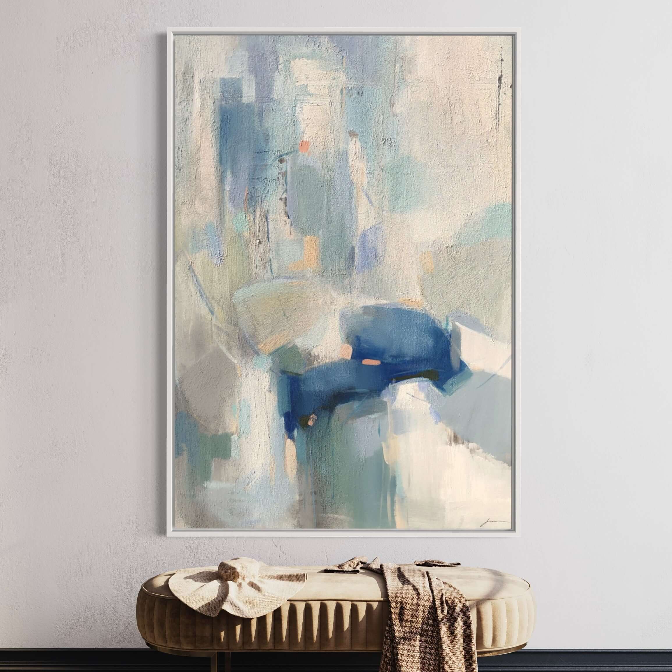 Serenova Custom Size artwork featuring a tranquil canvas with soft white and blue tones for a serene atmosphere.