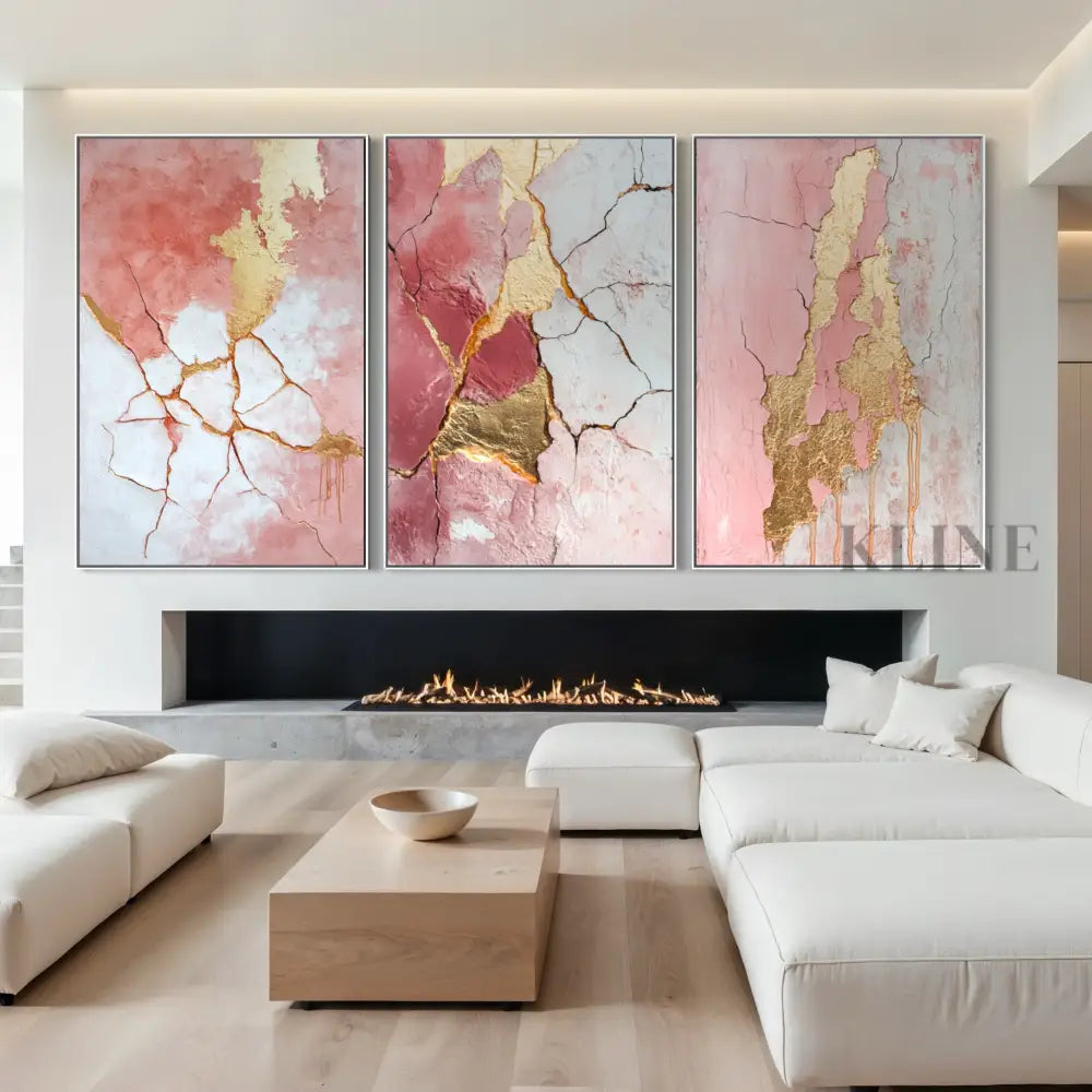 Abstract Pink and Gold Triptych - Hand Painting