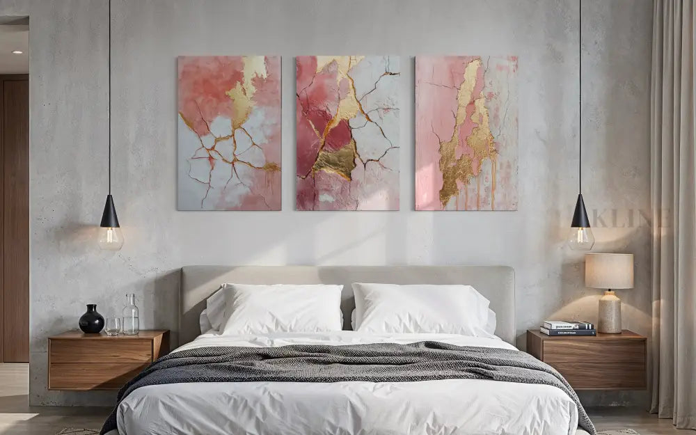 Abstract Pink and Gold Triptych - Hand Painting