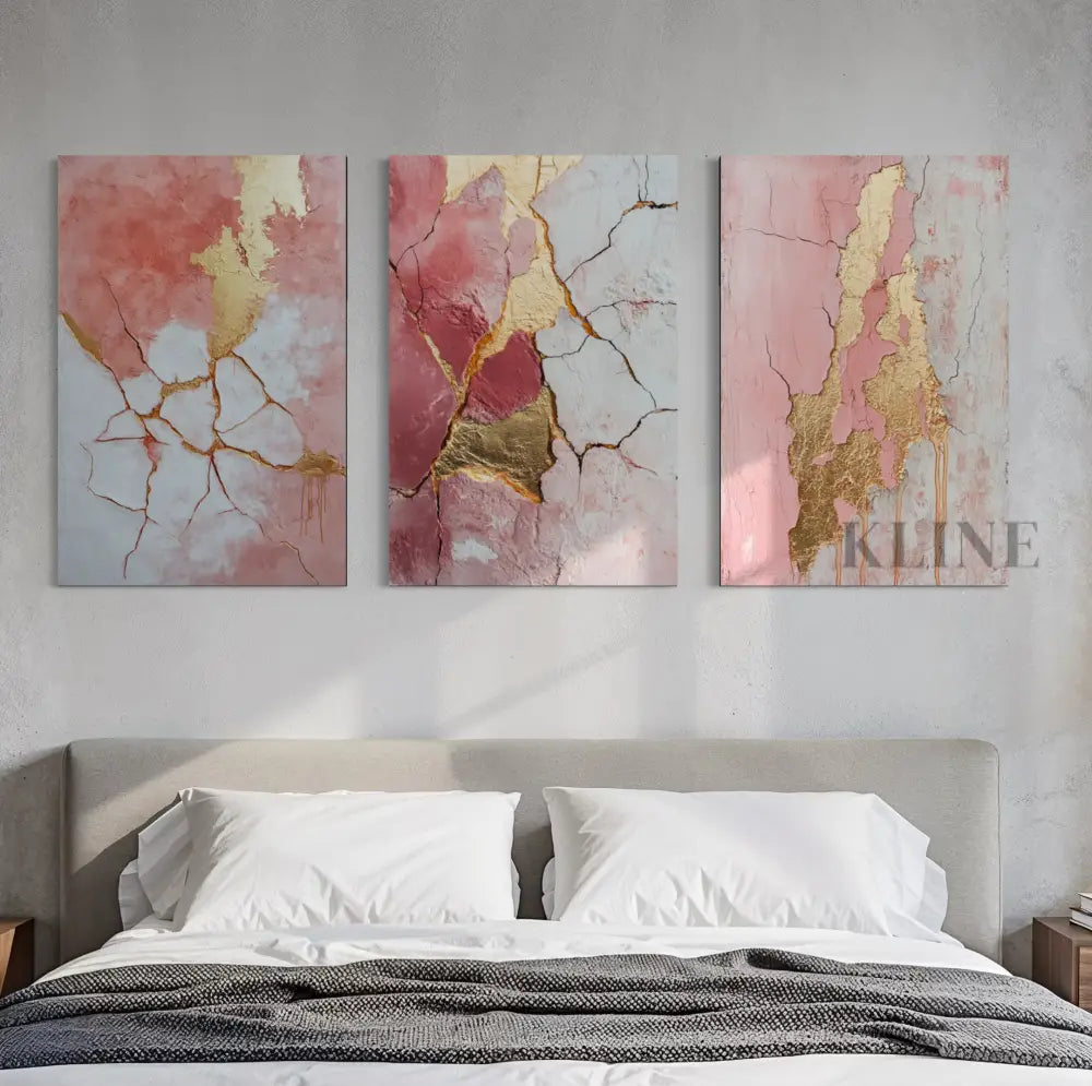 Abstract Pink and Gold Triptych - Hand Painting