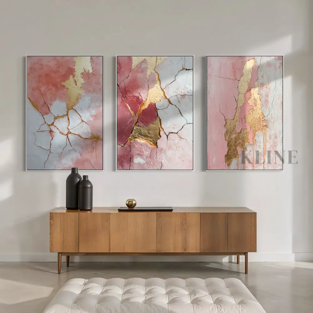 Abstract Pink and Gold Triptych - Hand Painting