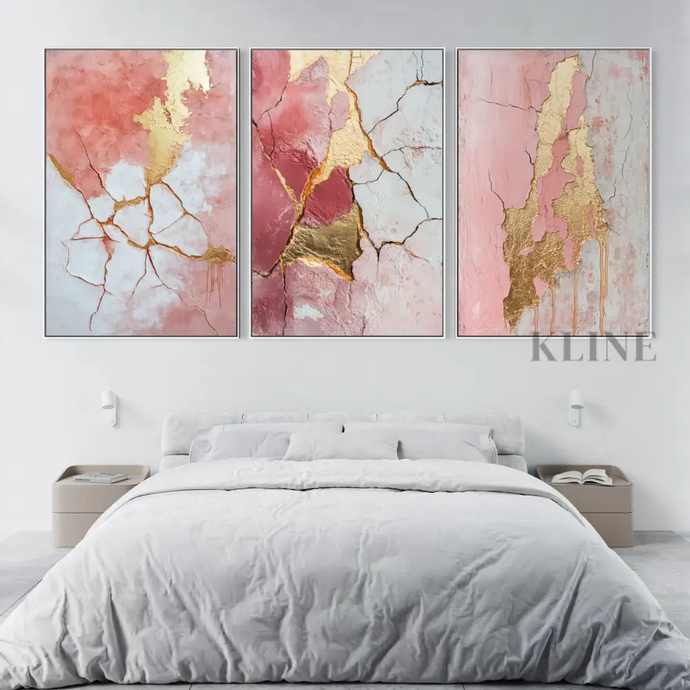Abstract Pink and Gold Triptych - Hand Painting