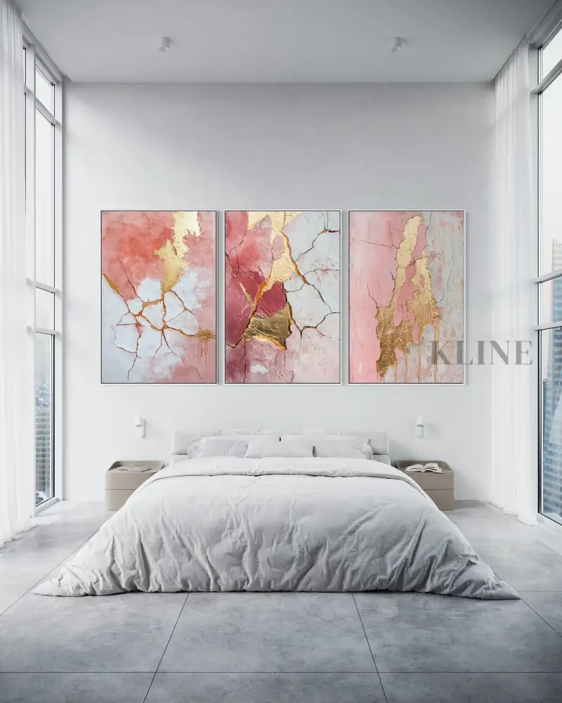 Abstract Pink and Gold Triptych - Hand Painting