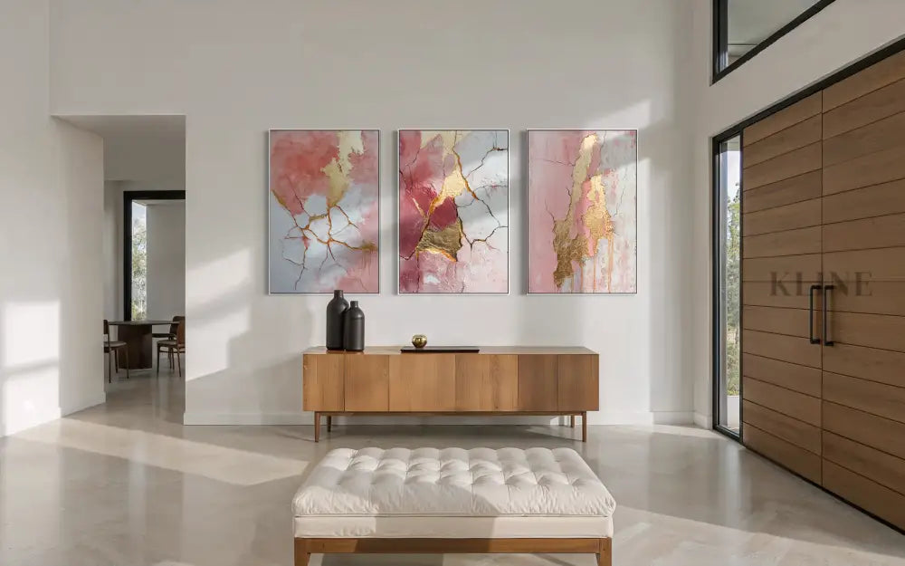 Abstract Pink and Gold Triptych - Hand Painting