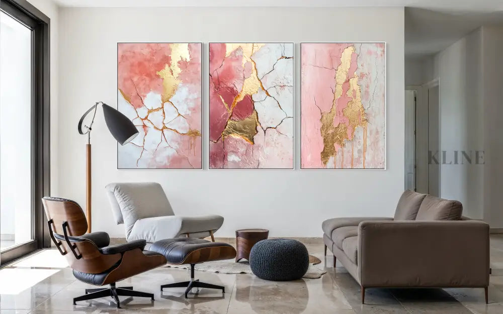 Abstract Pink and Gold Triptych - Hand Painting