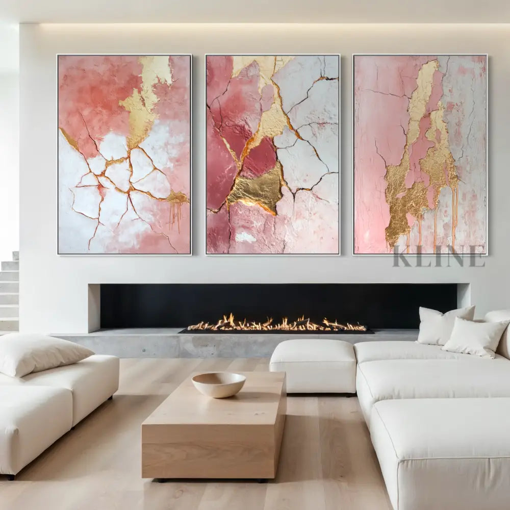 Abstract Pink and Gold Triptych - Hand Painting