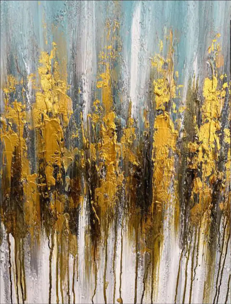 Abstract gold and teal hand-painted wall art, featuring a vibrant texture to elevate any space.