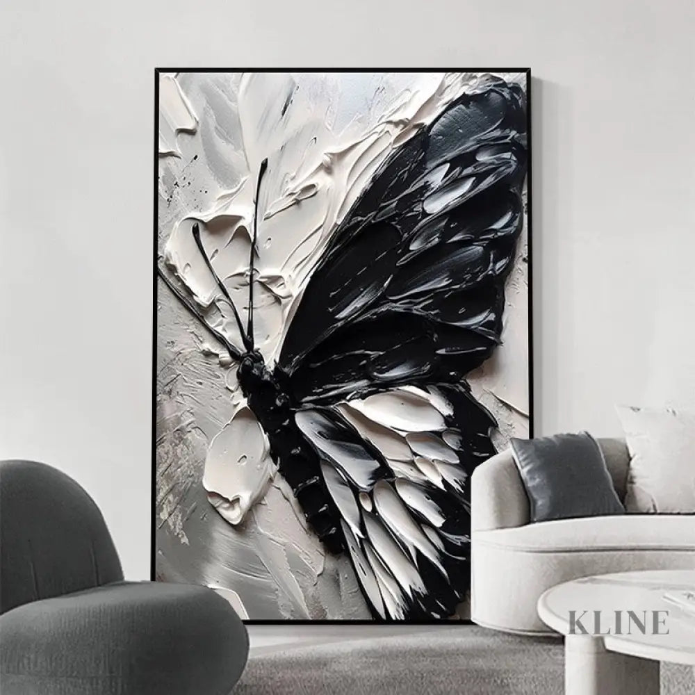 Black and White Butterfly Canvas Oil Painting with Texture - Hand Painting