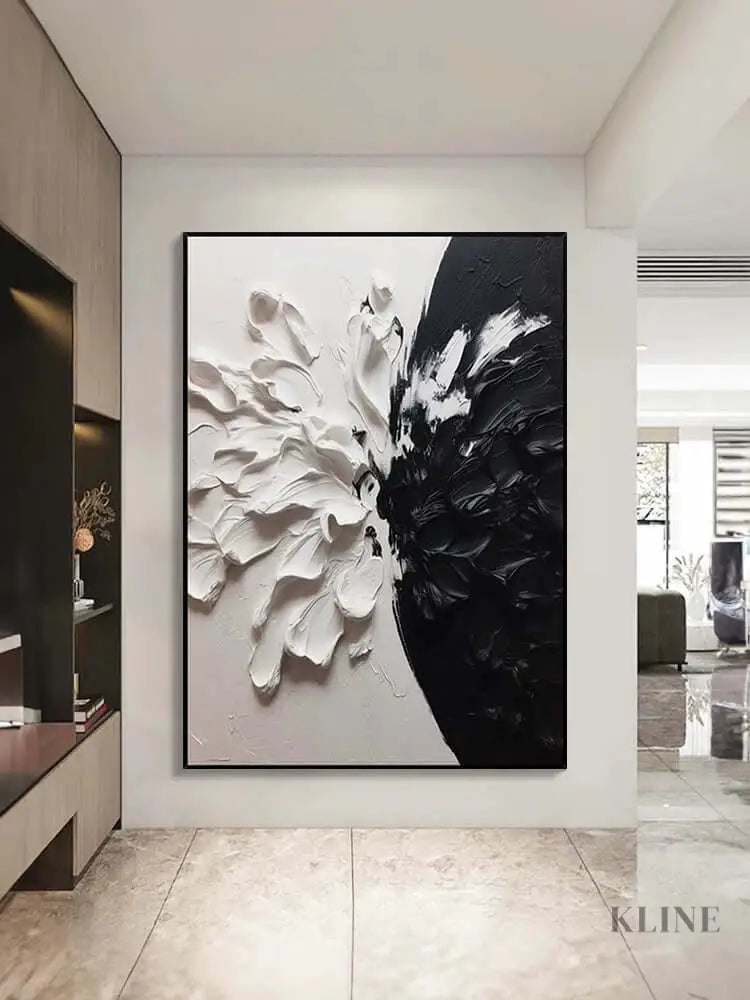 Black and White Floral Style Textured Wall Art - Hand Painting