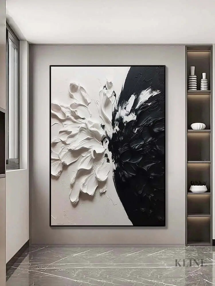 Black and White Floral Style Textured Wall Art - Hand Painting