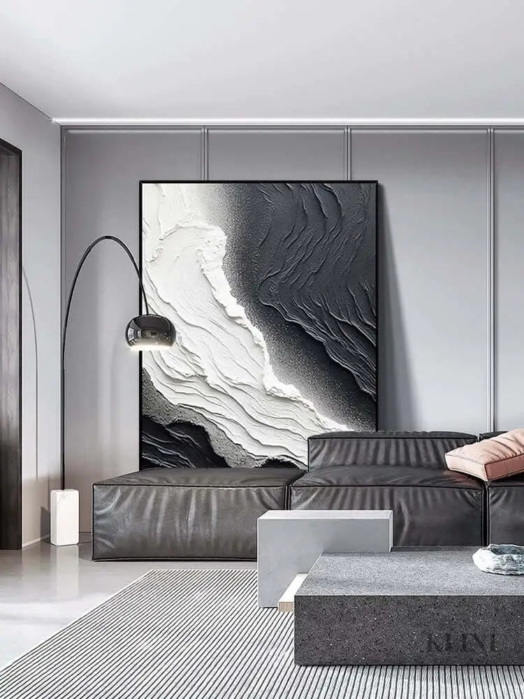 Black and White Seaside Beach Textured Painting - Hand Painting